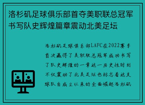 洛杉矶足球俱乐部首夺美职联总冠军书写队史辉煌篇章震动北美足坛 洛杉矶足球俱乐部首夺美职联总冠军书写队史辉煌篇章震动北美足坛