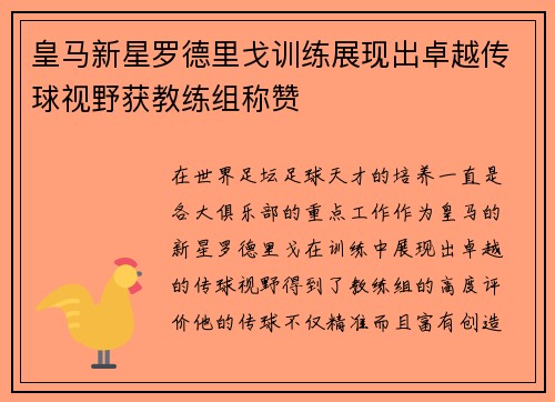 皇马新星罗德里戈训练展现出卓越传球视野获教练组称赞 皇马新星罗德里戈训练展现出卓越传球视野获教练组称赞
