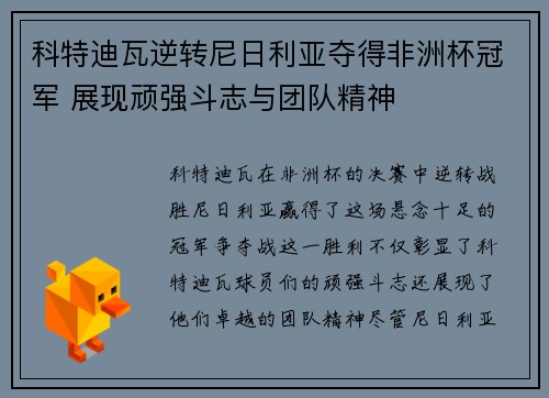 科特迪瓦逆转尼日利亚夺得非洲杯冠军 展现顽强斗志与团队精神 科特迪瓦逆转尼日利亚夺得非洲杯冠军 展现顽强斗志与团队精神